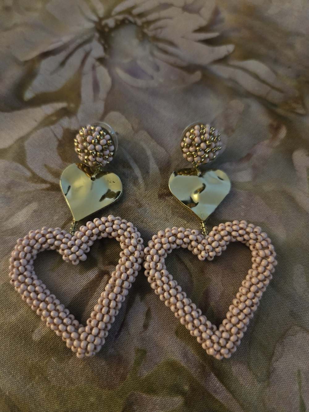 Gold & Blush Beaded Heart Drop Earrings - Women Jewelry